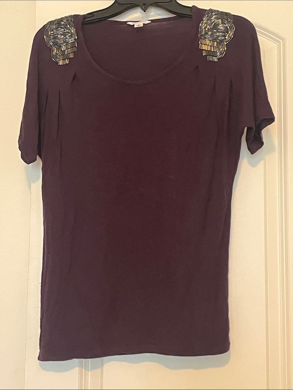 Calvin Klein Plum Short-Sleeve Top with Beaded Shoulder Accents